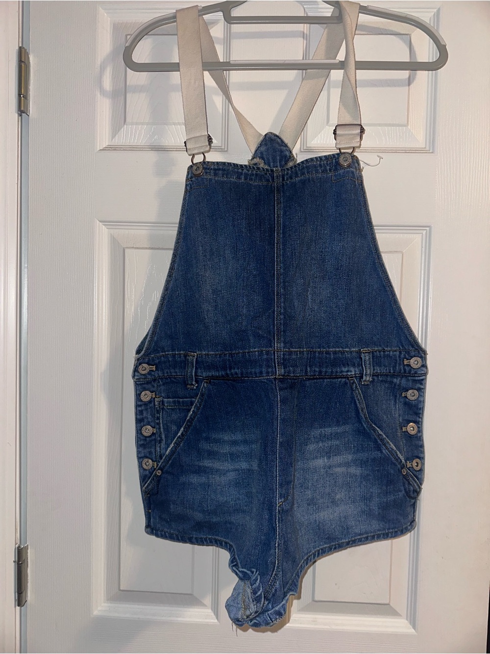 Free People Blue Denim Short Overalls with Cream Straps